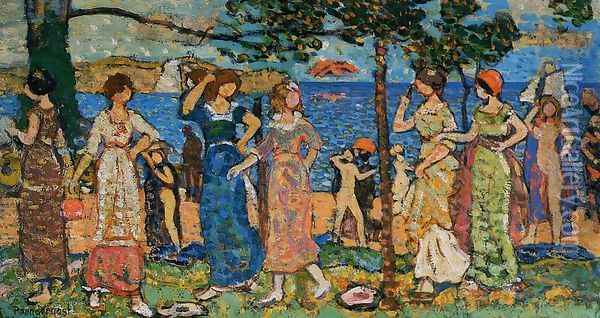 Women At Seashore Oil Painting - Maurice Brazil Prendergast