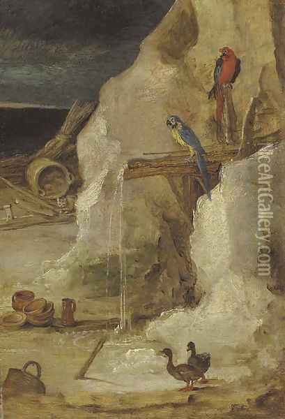 A rocky landscape with parrots and ducks Oil Painting - Josse de Momper
