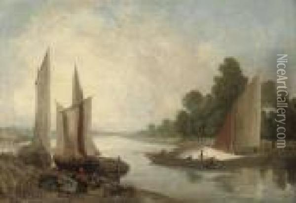 Hoisting Sail On A River Bend Oil Painting - John Sell Cotman