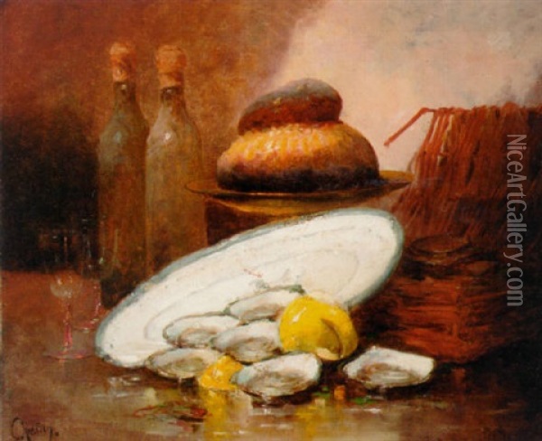 Oysters, Lemons, A Loaf Of Bread, A White Plate And Wine Bottles On A Table Oil Painting - Rene Louis Chretien