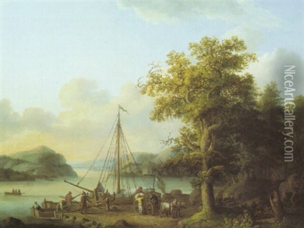 A Scandinavian River Landscape With Figures Loading A Barge Flying The Swedish Flag Oil Painting - Jacob Philipp Hackert