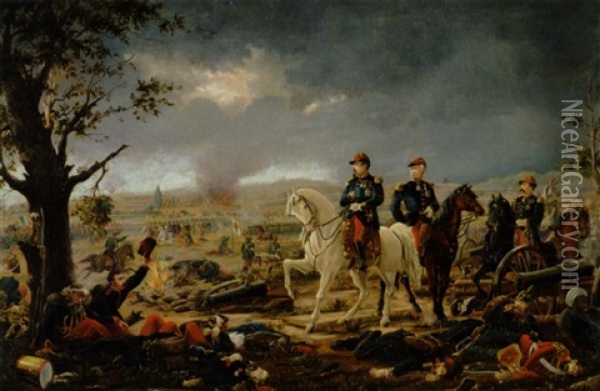 Scene Fra Krigen 1870 Med Napoleons Nevo, Charles, Til Hest I Kamp Mod Tyskerne Oil Painting - Gustav Brock