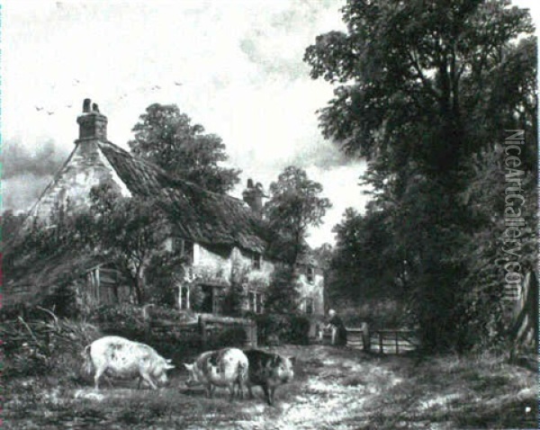 Pigs Before A Country Cottage Oil Painting - William Vivian Tippet