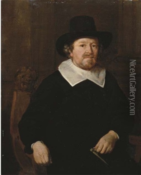 Portrait Of A Gentleman, Three-quarter-length, In A Black Costume With White Collar And Black Hat, Seated With A Compass In His Left Hand Oil Painting - Thomas De Keyser