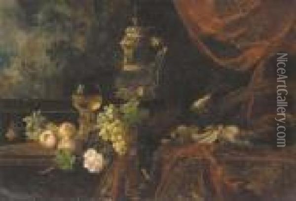 Assorted Fruits, Flowers And Game With A Roemer Glass And Silvertankard On A Table Oil Painting - Jan Davidsz De Heem