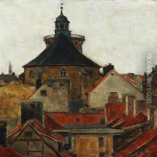 View Over Copenhagen Roof-tops, Including Rundetarn Oil Painting - Svend Hammershoi