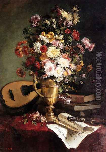 Dahlias In A Brass Ewer With A Mandolin, Books And A Clarinet On A Table Oil Painting - Julie Crouan