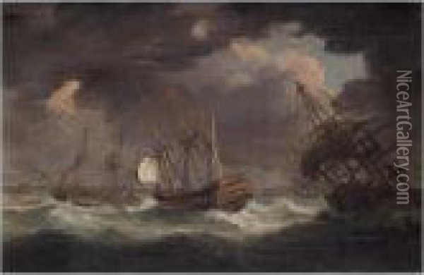Man-o'-war And Other Shipping In A Storm Oil Painting - George Webster