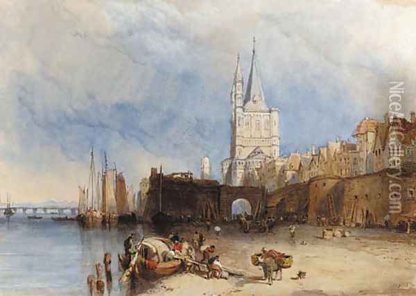 Figures unloading a barge in Cologne Harbour Oil Painting - Clarkson Stanfield