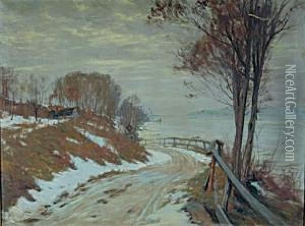 Road Through A Snowy Landscape Oil Painting - Hal Robinson