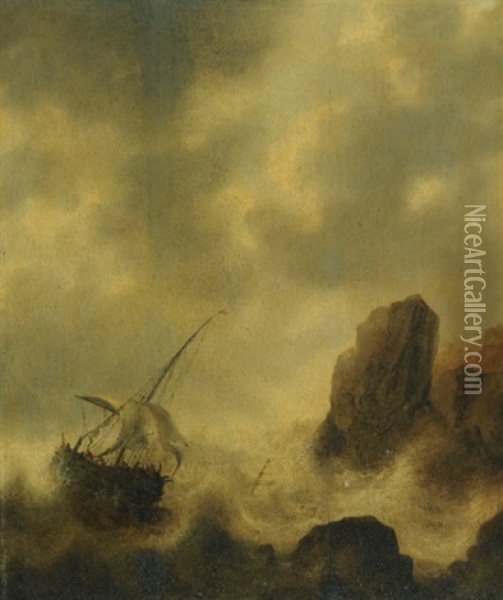 A Ship Foundering Off A Rocky Coast Oil Painting - Jacob Adriaenz. Bellevois