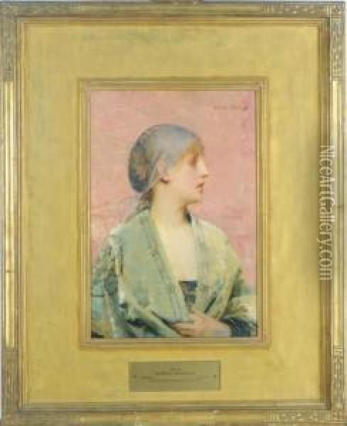 A Girl Wearing A Green Shawl Oil Painting - Albert Pierre Rene Maignan
