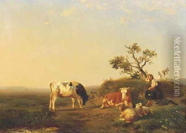 A peasant girl and cattle resting in a landscape Oil Painting - Johan Daniel Koelman