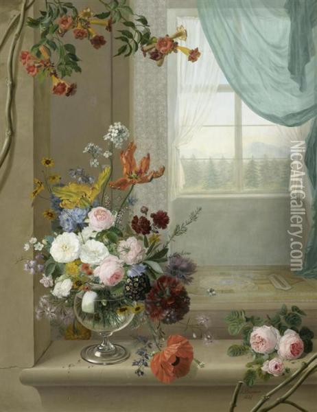 Still Life Of Flowers On A Window Ledge Oil Painting - Jean Benner