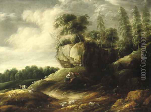 A wooded rocky landscape with a couple tending sheep Oil Painting - Gilles Peeters