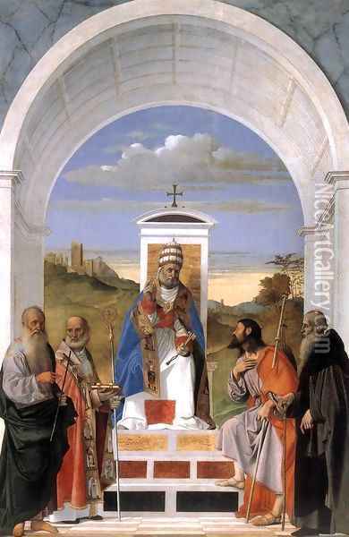 St Peter Enthroned and Four Saints Oil Painting - Marco Basaiti
