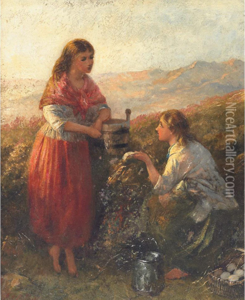 Country Girls Conversing By A Well Oil Painting - Edward John Cobbett