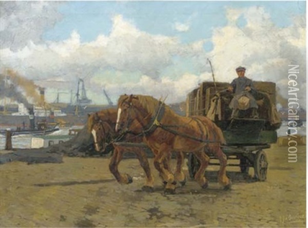 A Horse-drawn Carriage On A Rotterdam Quay Oil Painting - Gijsbertus Johannes Van Overbeek