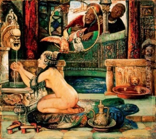 Susan And The Old Oil Painting - Gyula Tornai
