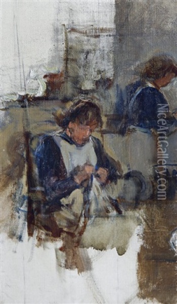 Study Of Two Women Mending Nets Oil Painting - Stanhope Forbes