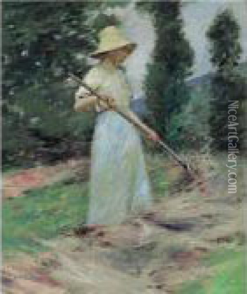 Girl Raking Hay Oil Painting - Theodore Robinson