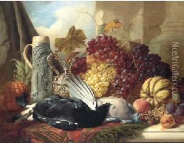 Still Life Of Black Cock, Wood 
Pigeon, A Stein, Silver Gilt Claret Jug And Red Grapes, A Gourd, 
Peaches, Plums, Whitecurrants And Raspberries On A Marble Ledge Oil Painting - William Duffield