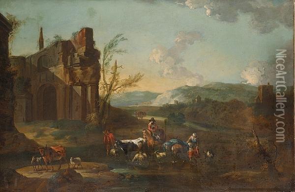 Drovers With Cattle And Sheep Fording A Stream With Ruins Beyond Oil Painting - Abraham Jansz Begeyn