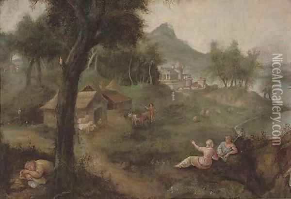 An Italianate wooded river landscape with a shepherd and his flock, a village beyond Oil Painting - Francesco Zuccarelli