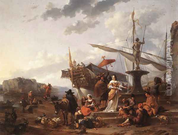 A Southern Harbour Scene Oil Painting - Nicolaes Berchem