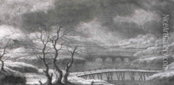 Paysage De Neige Au Pont De Bois Et Pont De Pierre Oil Painting - Orazio Grevenbroeck
