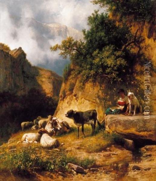 Italian Landscape With A Shepherdess, Resting By The Mountain Spring Oil Painting - Andras Markos
