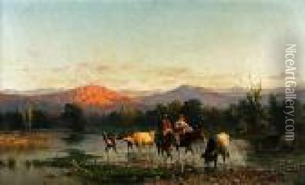 A Travelling Family On Horseback
 In Anextensive Landscape, With A Cattle Drover In The Foreground Oil Painting - Achille Vertunni