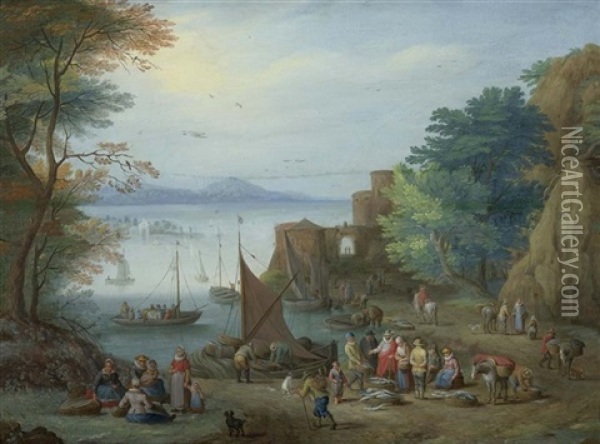 Flusslandschaft Mit Fischern Am Ufer Oil Painting - Peter Gysels