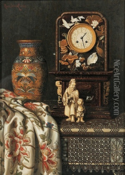 Still Life With Clock, Vase, And Ivory Figures Oil Painting - Max Schoedl