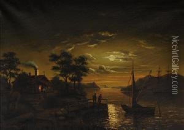Marina Di Notte Con Barche, Casolare E Figure Oil Painting - G.A. Sandani