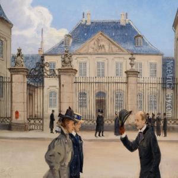 Copenhageners Promenading In Bredgade By The Old Frederiks Hospital Oil Painting - Tom Petersen