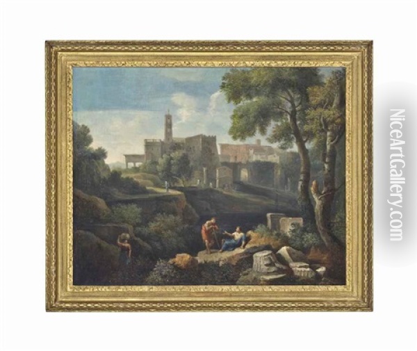 An Italianate Landscape With Classical Figures Conversing, And A Settlement Beyond Oil Painting - Jan Frans van Bloemen