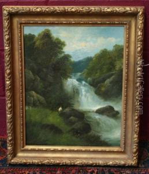 Angler Beside A Waterfall Oil Painting - George B. Yarnold