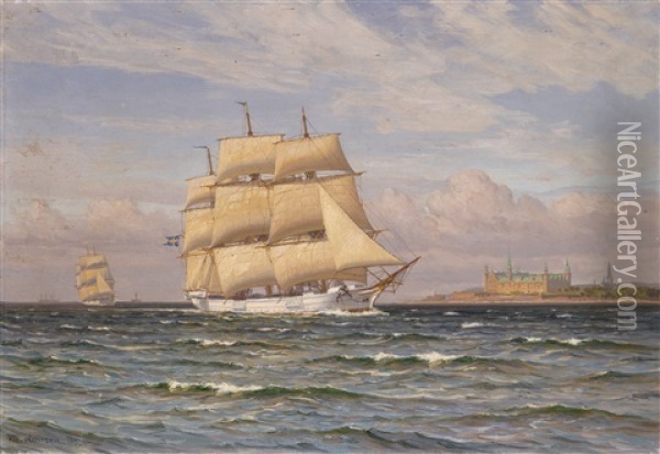 Fullriggare Vid Kronborgs Slott Oil Painting - Vilhelm Karl Ferdinand Arnesen