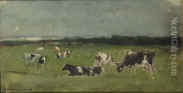 In De Weide: Cows In A Polder Landscape - A Study Oil Painting - Jan Hendrik Weissenbruch