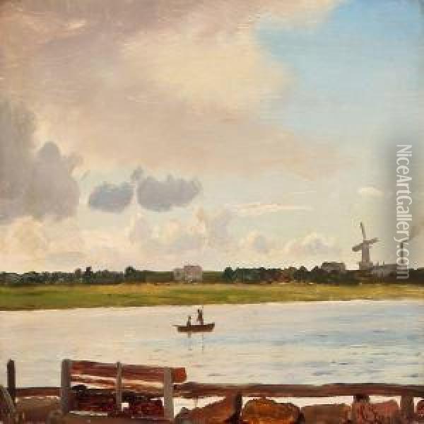 Danish Landscape With Inlet, In The Background A Mill Oil Painting - Christian Eckardt