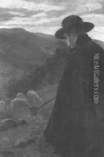Ein Schafer Blickt Von Einer Anhohe Auf Seine Herde Oil Painting - Carl Friedrich Wilhelm Geist