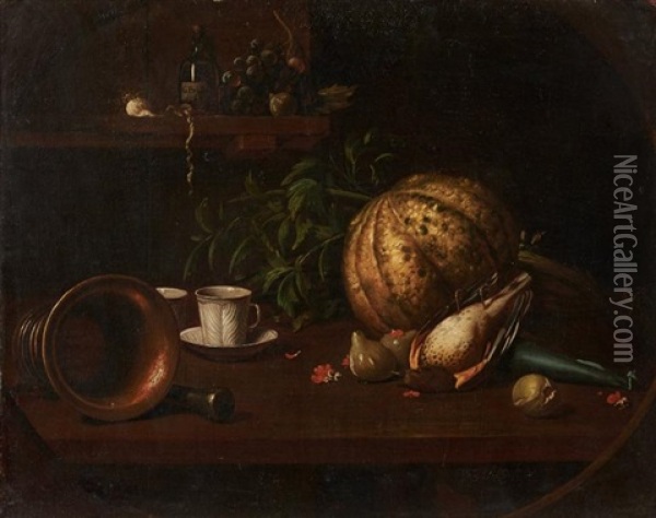 Nature Morte Aux Figues, Raisins Et Pot A Pharmacie Oil Painting - Giovanni Francesco Briglia