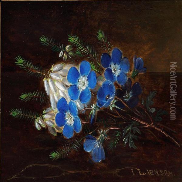 A Bunch Of Blue Poppy Anemones And White Heather Oil Painting - I.L. Jensen