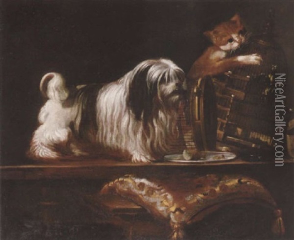 A Maltese Terrier With A Cat Attacking A Caged Bird And A Tambourine On A Wooden Table Beside A Cushion On A Stool Oil Painting - Pier Francesco Cittadini