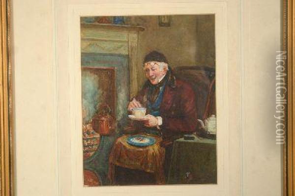 The Cup That Cheers Old Gentleman Seated Drinking Tea By A Fire Oil Painting - George Fox