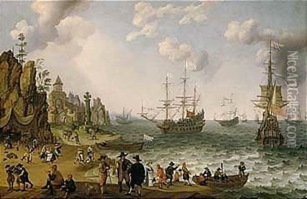 Elegant Figures, Dancing Peasants And Other Figures On A Rocky Shore, Royal Yachts And Other Shipping Vessels On Choppy Seas Beyond Oil Painting - Isaac Willaerts