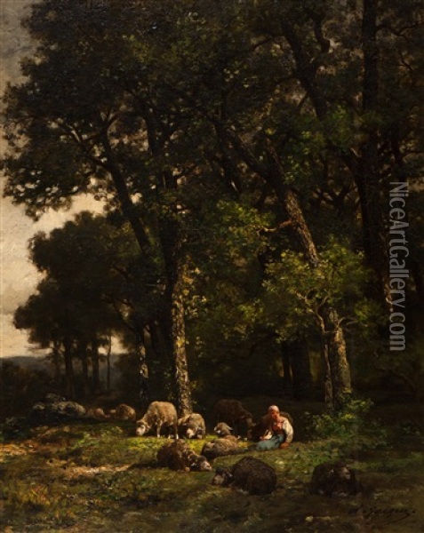 Shepherdess With Her Flock At The Edge Of The Forest Oil Painting - Charles Emile Jacque