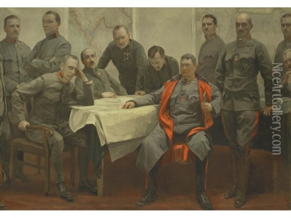 Portrait Of Field Marshall Hermann Kovess Von Kovesshaza As General Of The Infantry With The Staff Of The 3rd Army Command Oil Painting - Jehudo Epstein