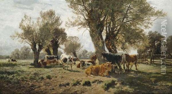 Cattle Herd Underpollarded Willows. Oil Painting - Hermann Baisch